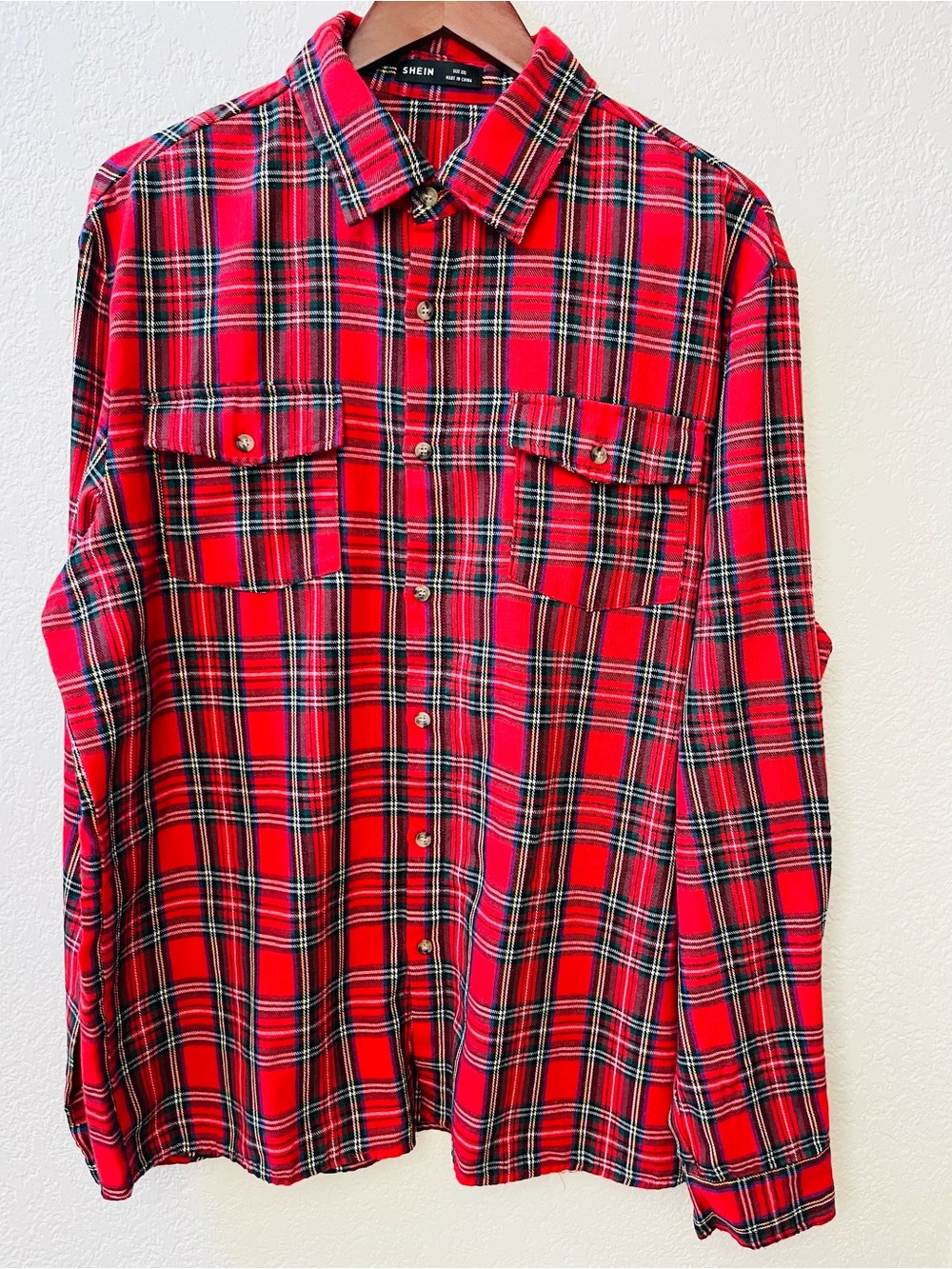 SHEIN Red Plaid Button-Down Shirt for Men/Women.